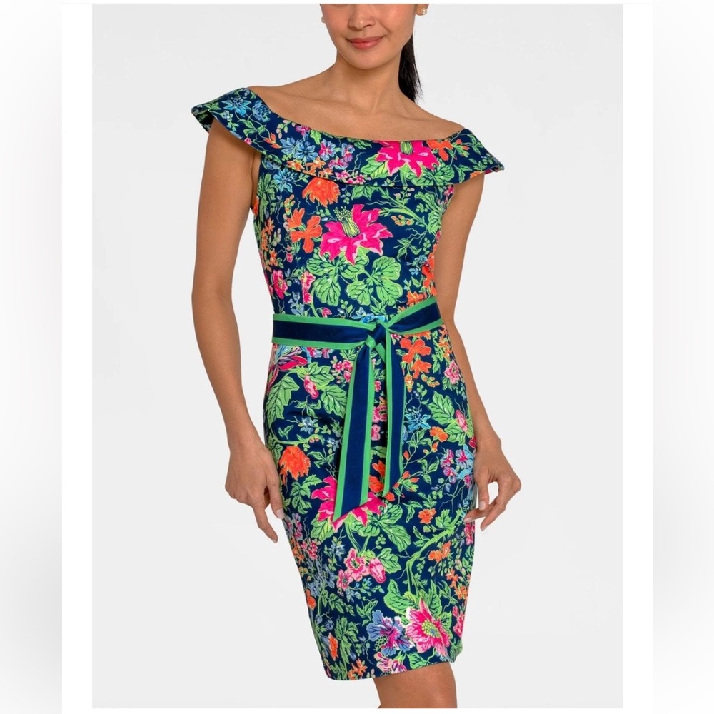 Gretchen Scott La De Da Dress - English Garden Navy Floral Off Shoulder Dress L
